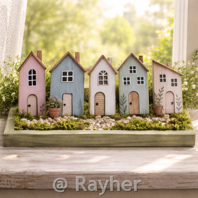 Leseni okraski, Hiške, set 5