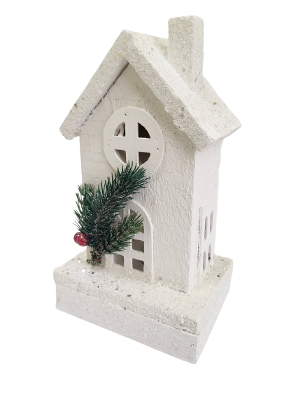 Hišica zasnežena lesena bela, 20cm, LED osvetlitev