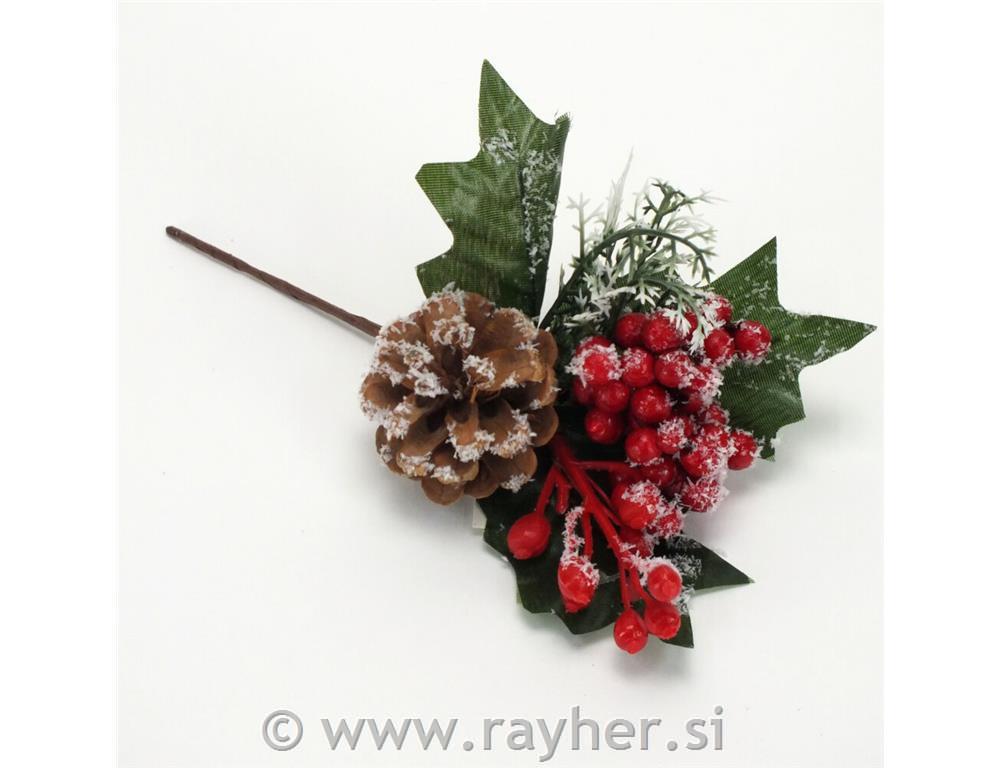 Zasnežena vejica s storžem in rdečimi bunkicami, 18cm