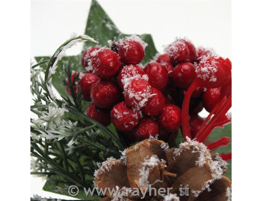 Zasnežena vejica s storžem in rdečimi bunkicami, 18cm