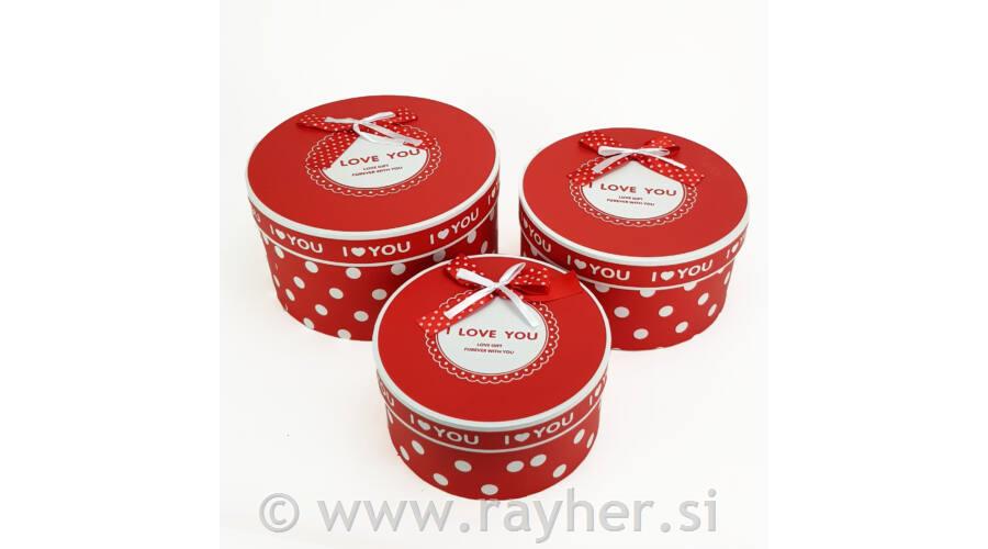 Darilna Škatla okrogla, rdeča s pikami, I LOVE YOU, M, 24cm, 1 kos