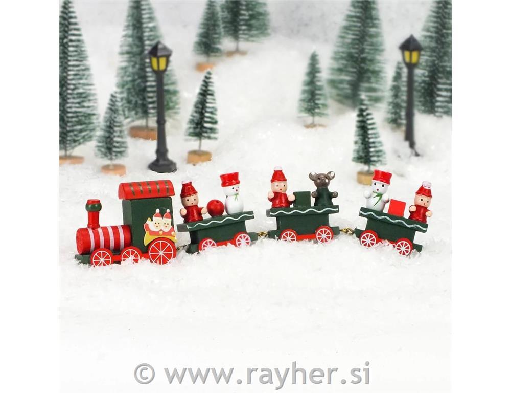 Božični vlak, lesen, zeleno-rdeč