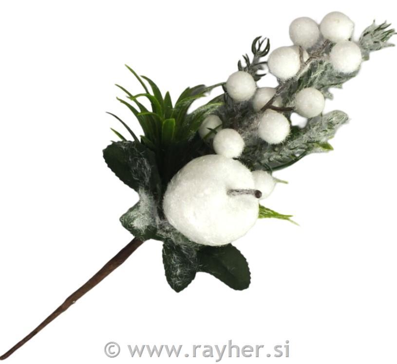 Zasnežena vejica z belimi bunkicami in jabolkom, 25cm