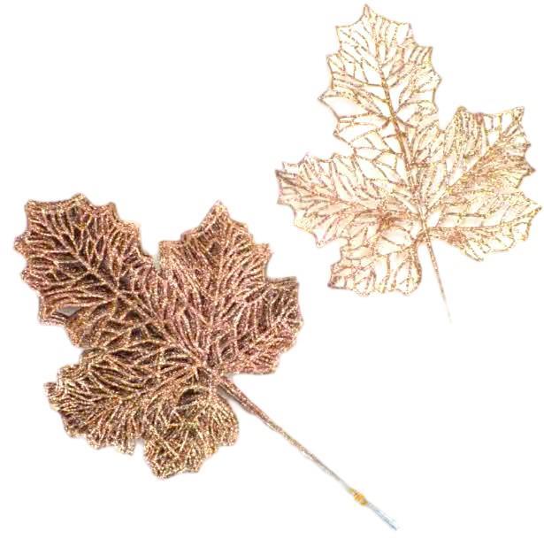 Javorjev list, z bleščicami, bakren, 1 kom