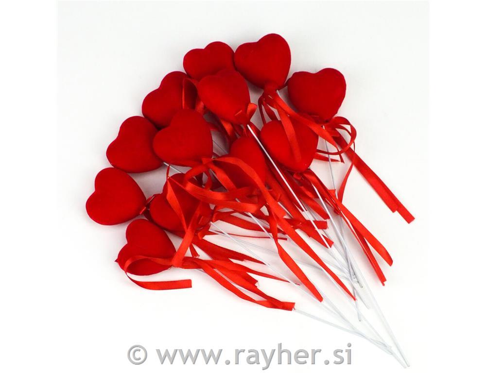 Srček s pentljo, žametni, na palčki, 4.5cm, 1 kos