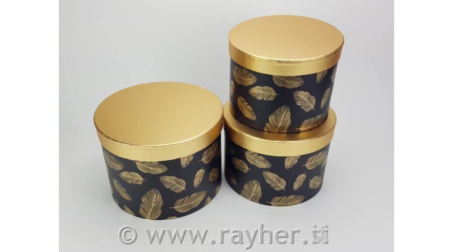 Darilna škatla Elegant Leaf črna, okrogla, M, 23x15.5cm, 1 kos