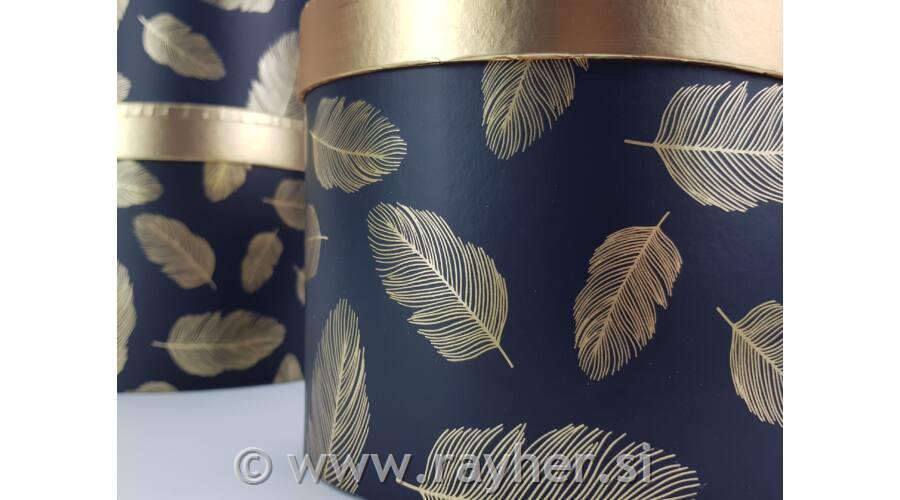 Darilna škatla Elegant Leaf črna, okrogla, M, 23x15.5cm, 1 kos