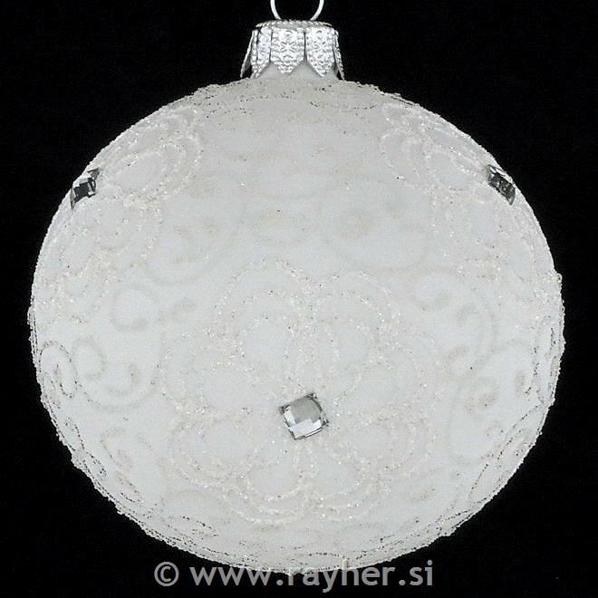DAGMARA steklena krogla za božično drevo, bela, ornament, kristali, 8cm