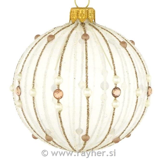 DAGMARA steklena krogla za božično drevo, prosojno bela, perle, kristali, 8cm