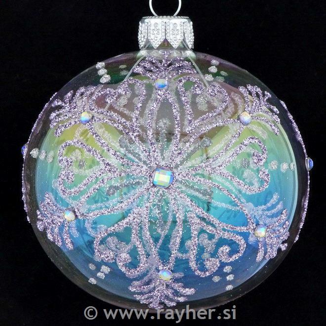 DAGMARA steklena krogla za božično drevo, prosojna z bleščicami, kristali, 8cm
