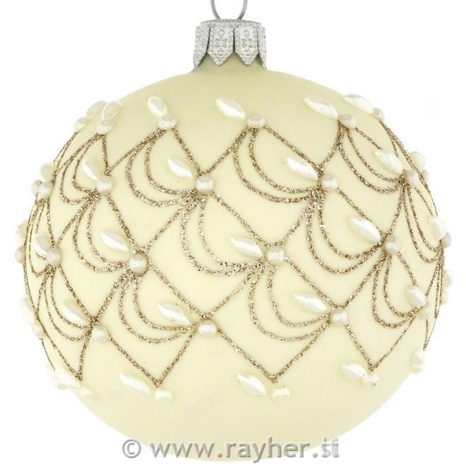 DAGMARA steklena krogla za božično drevo, vanilija, ornament s perlami, 8cm