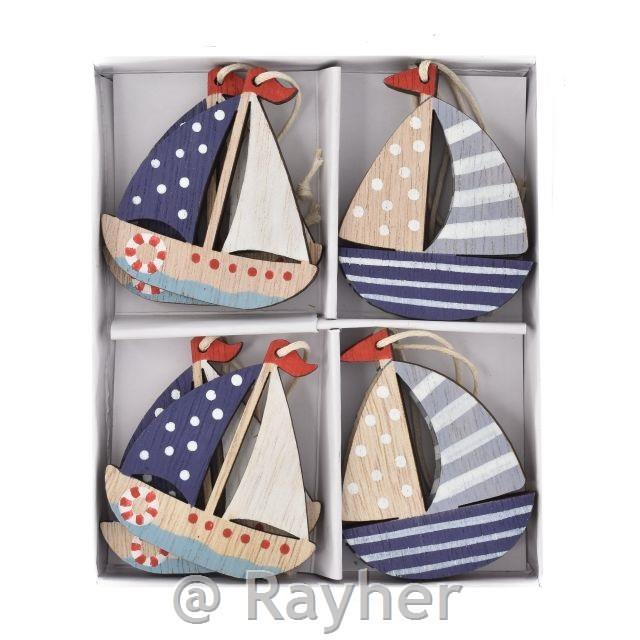 Wooden sailboat hanging ornaments, 4 × 5.5 cm, set 8