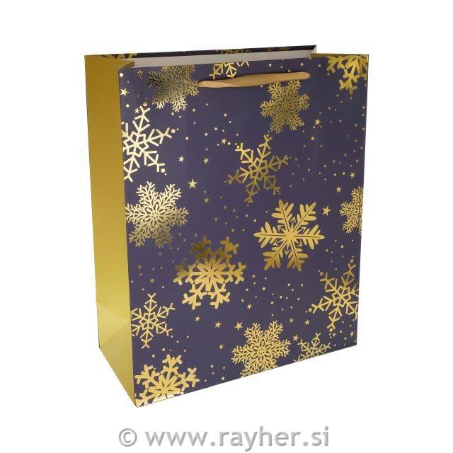 Darilna vrečka, Zlate snežinke, 18x23x10 cm