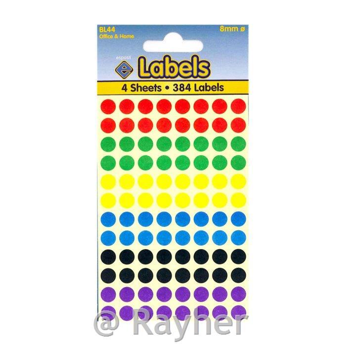 Coloured Dot Labels, 384 Dots, 4 Sheets