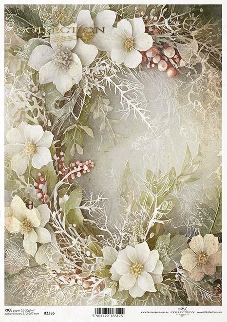 Decoupage papir, rižev A4, Belo cvetje zeleni listi