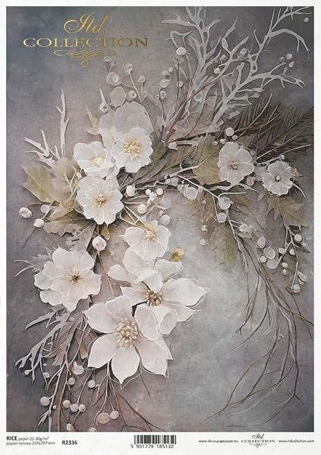Decoupage papir, rižev A4, Belio cvetje z vejicami