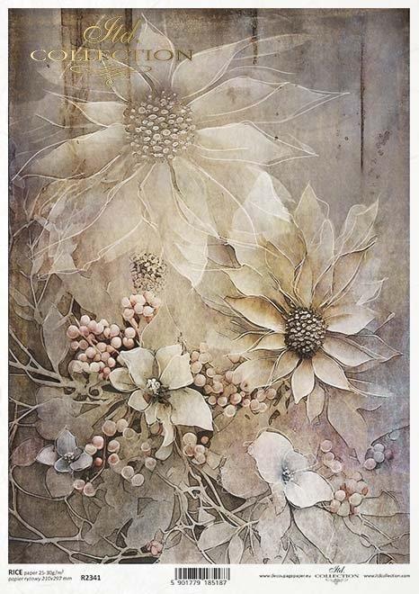 Decoupage papir, rižev A4, Belo roza modro cvetje