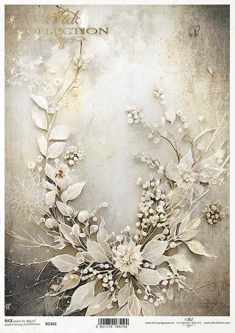Decoupage papir, rižev A4, Beli cvet z belimi listi
