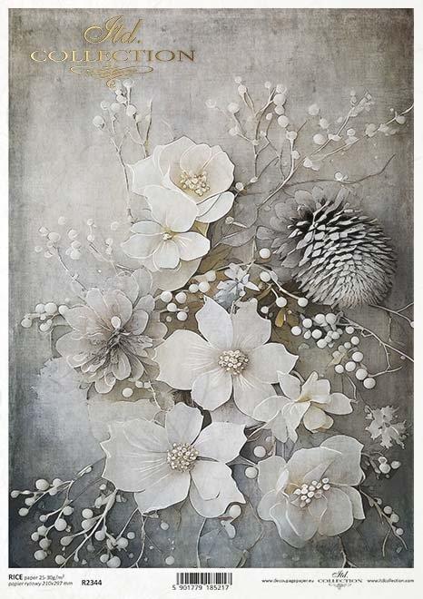 Decoupage papir, rižev A4, Belo cvetje