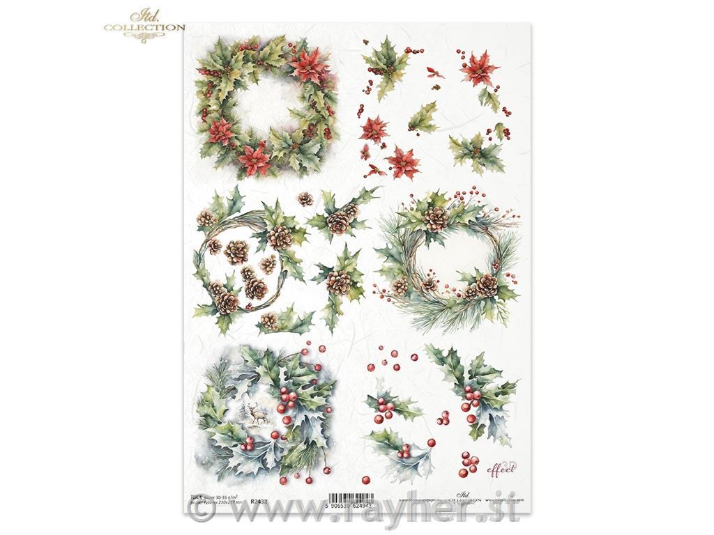 Decoupage papir, rižev A4, Božični venčki