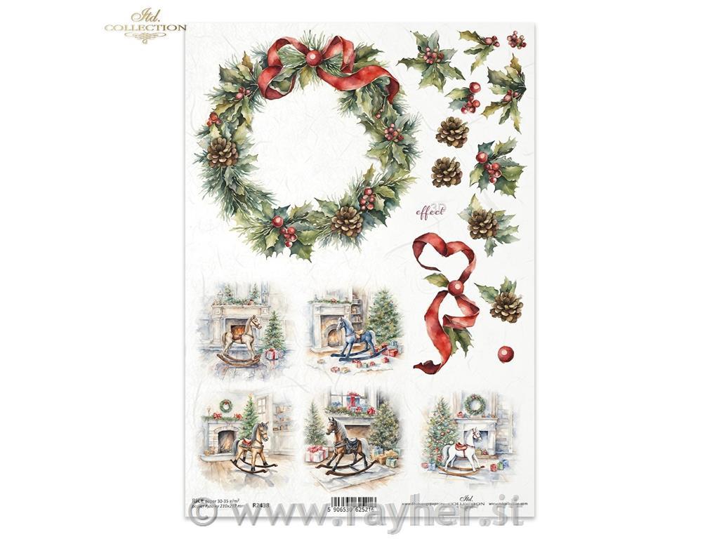 Decoupage papir, rižev A4, Božični venec in pentlja