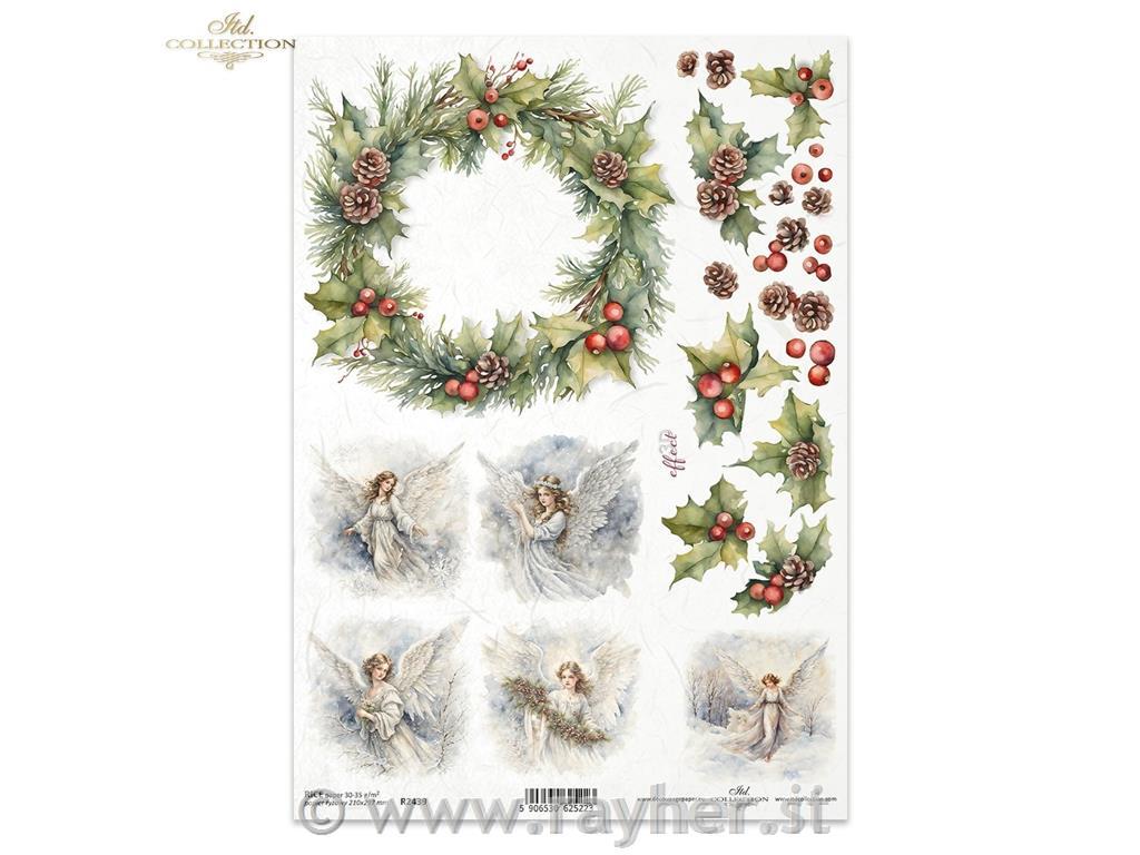 Decoupage papir, rižev A4, Božični venec in angeli