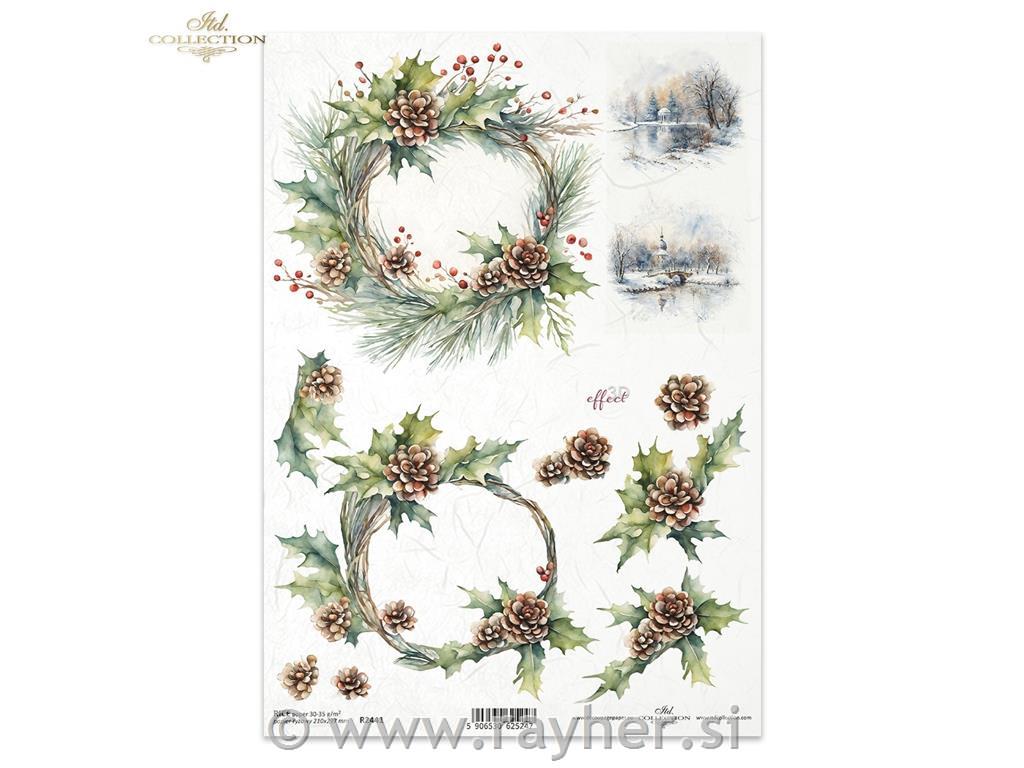 Decoupage papir, rižev A4, Božični venec s storži