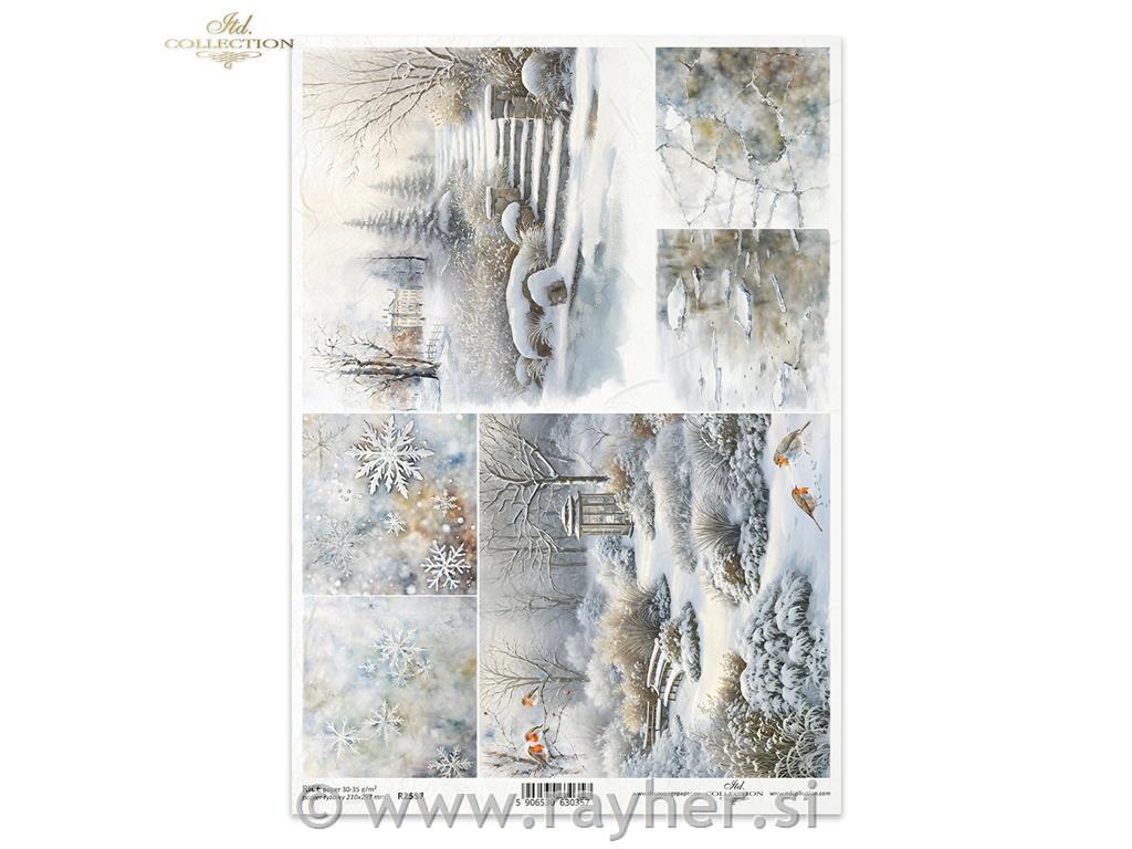 Decoupage papir, rižev A4, Snežinke in zimske pokrajine