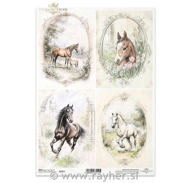 Decoupage papir, rižev A4, Konji