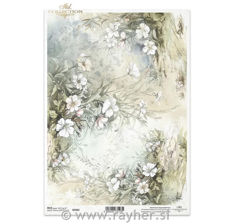 Decoupage papir, rižev A4, Beli cvetovi