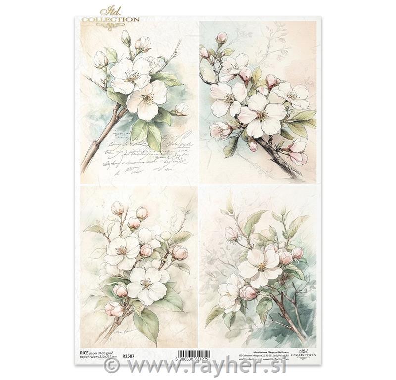 Decoupage papir, rižev A4, Cvetovi na drevesu