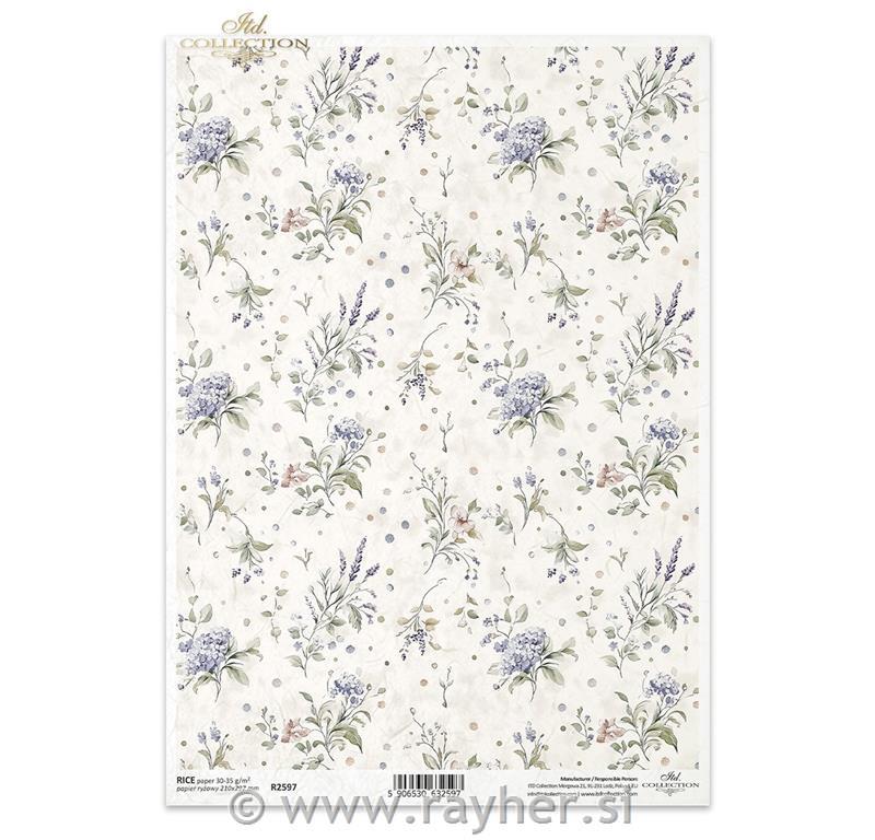 Decoupage papir, rižev A4, Modro cvetje