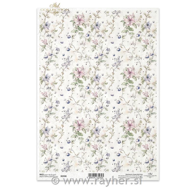 Decoupage papir, rižev A4, Pisano cvetje