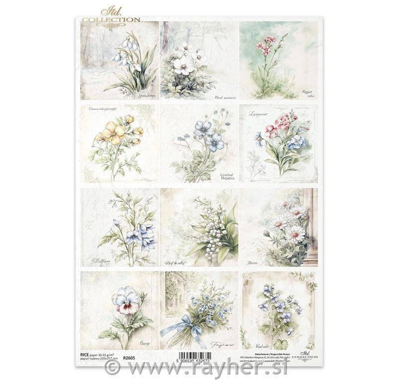 Decoupage papir, rižev A4, Pomladno cvetje