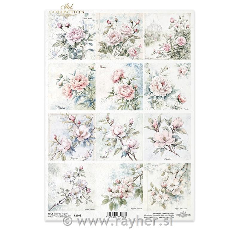 Decoupage papir, rižev A4, Vrtnice in cvetje