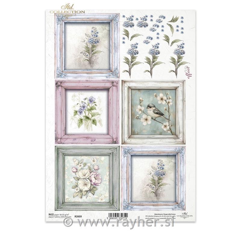 Decoupage papir, rižev A4, Cvetje v okvirju