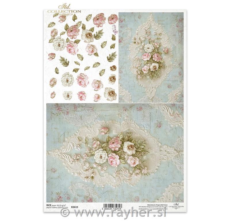 Decoupage papir, rižev A4, Baročno cvetje II