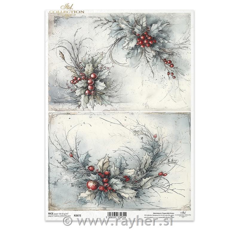 Decoupage papir, rižev A4, Zimski šopek