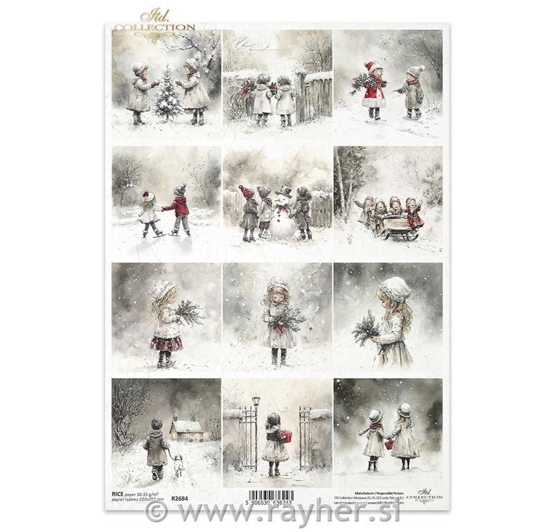 Decoupage papir, rižev A4, Otroci pozimi