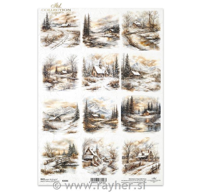 Decoupage papir, rižev A4, Zimsko podeželje