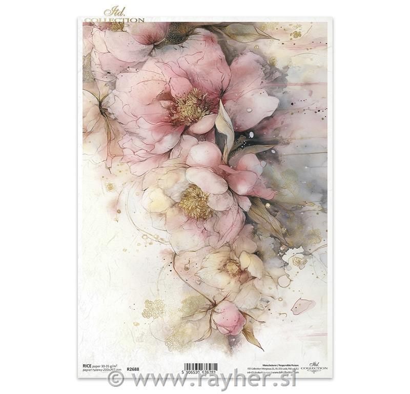 Decoupage papir, rižev A4, Veliki cvetovi