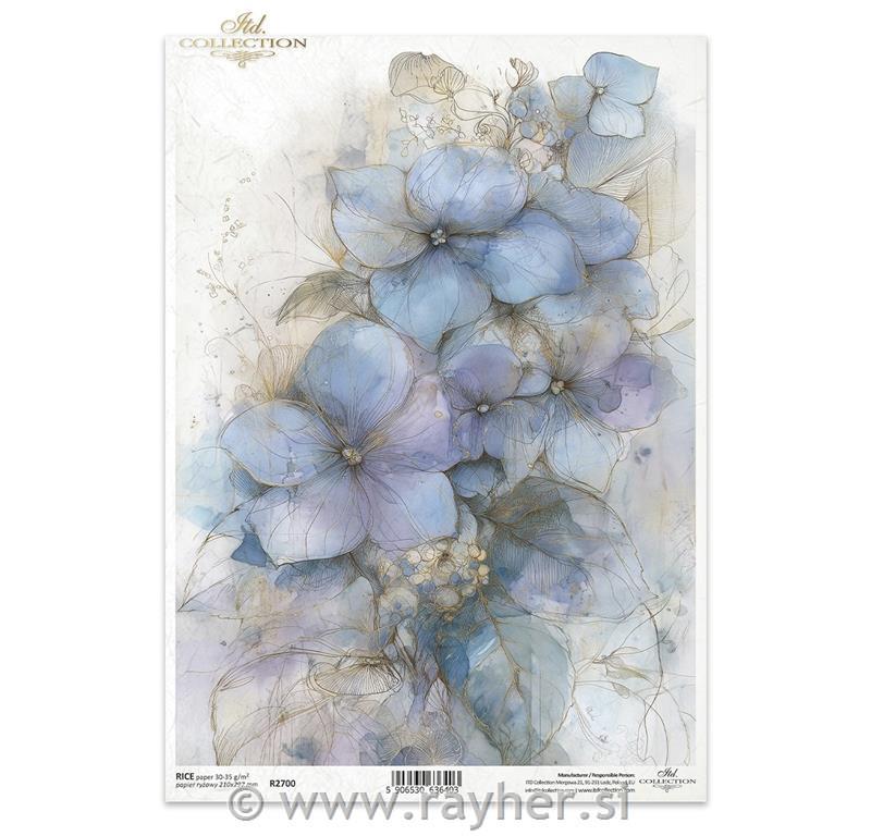 Decoupage papir, rižev A4, Modri cvetovi