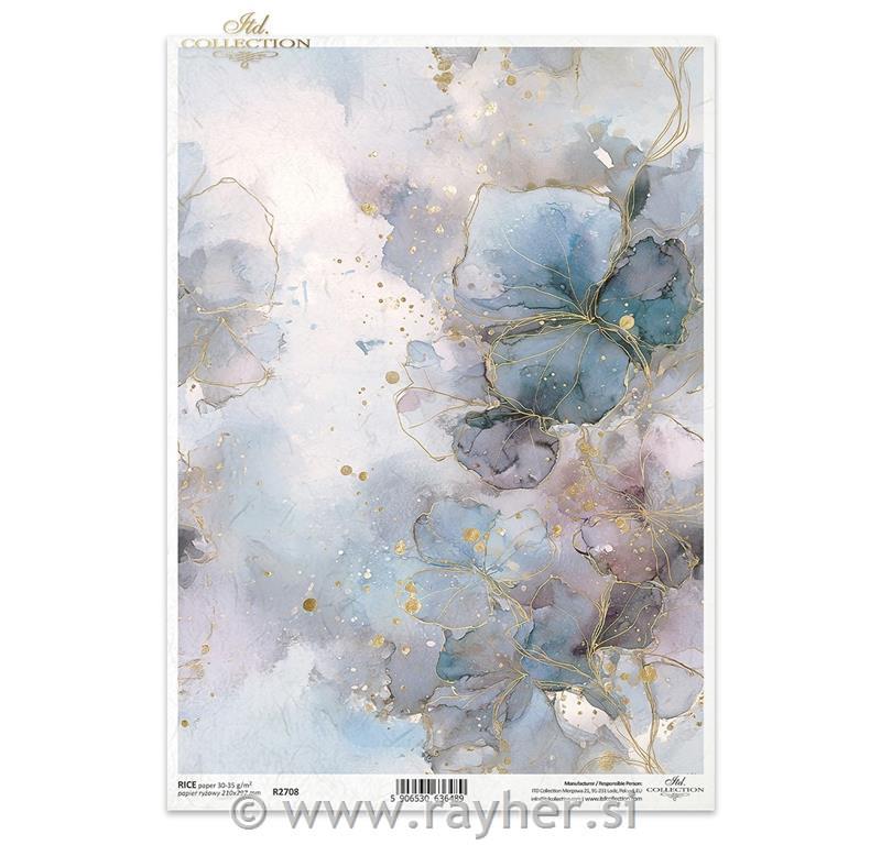 Decoupage papir, rižev A4, Modri cvetovi z zlatimi linijami