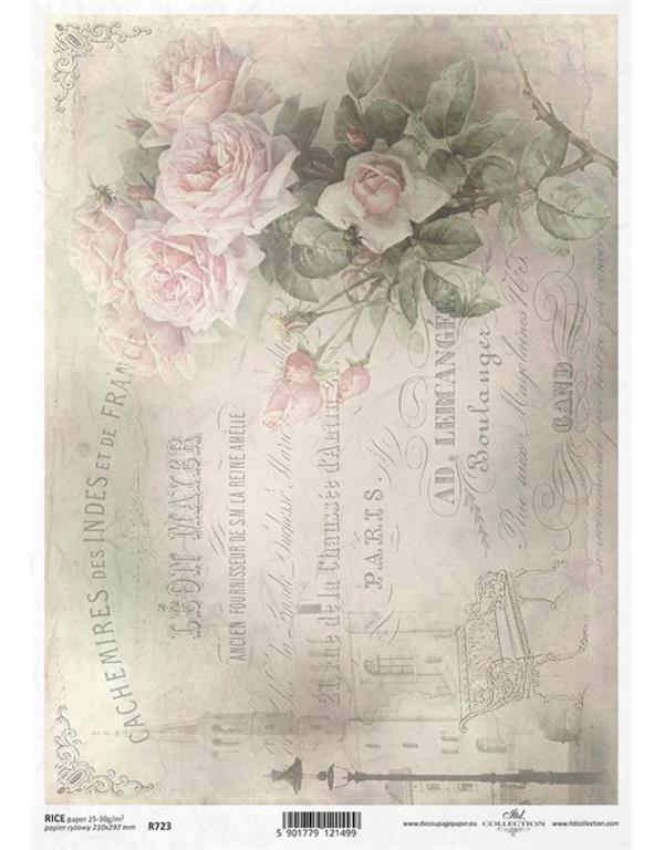 DECOUPAGE PAPIR RIŽEV A4,ROZA VINTAGE VRTNICE