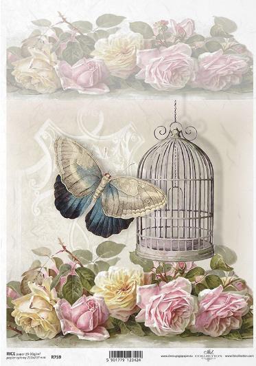 DECOUPAGE PAPIR RIŽEV A4,METULJ&KLETKA