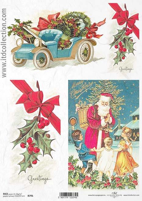 DECOUPAGE PAPIR RIŽEV A4,BOŽIČEK IN NJEGOV AVTO