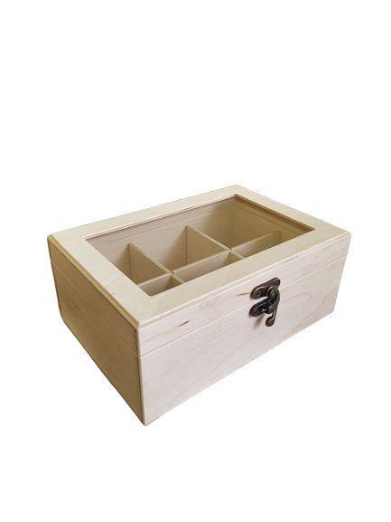 Škatla za čaj, 6 razdelkov, stekleni pokrov