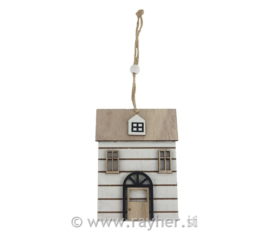 Lesena hišica z vrvico, natur-bela, 11cm