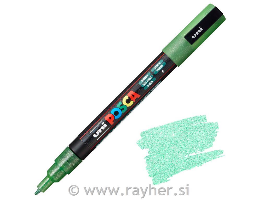 POSCA Uni flomaster; konica 0,9-1,3 mm; zelen z bleščicami