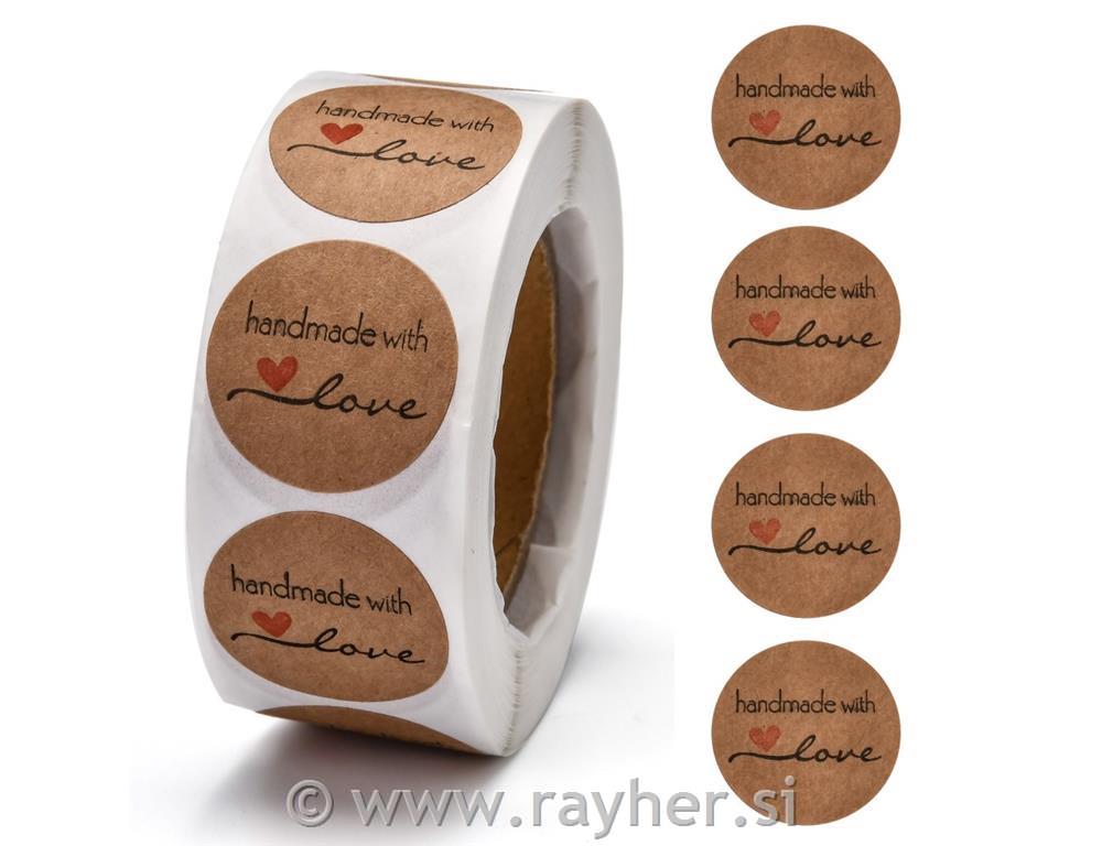 Nalepke "Handmade with Love" na kolutu, kraft barve, 500 nalepk
